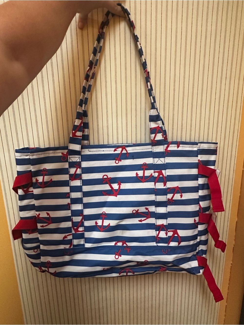 Laura Ashley Navy and White Striped Tote with Red Anchor Accents